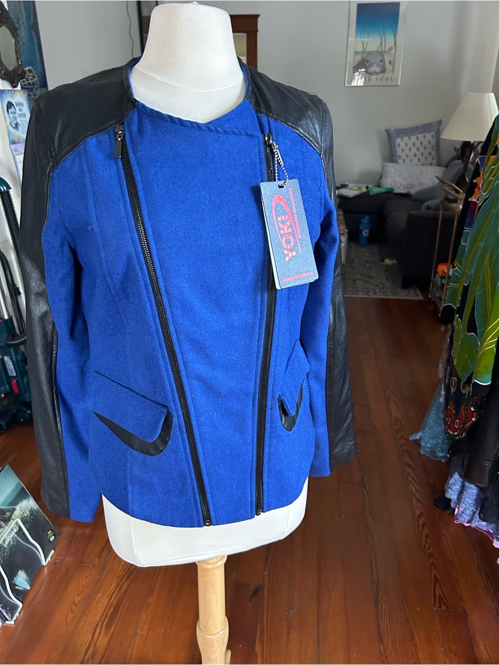 Yoki Royal Blue and Black Mixed-Media Moto Jacket